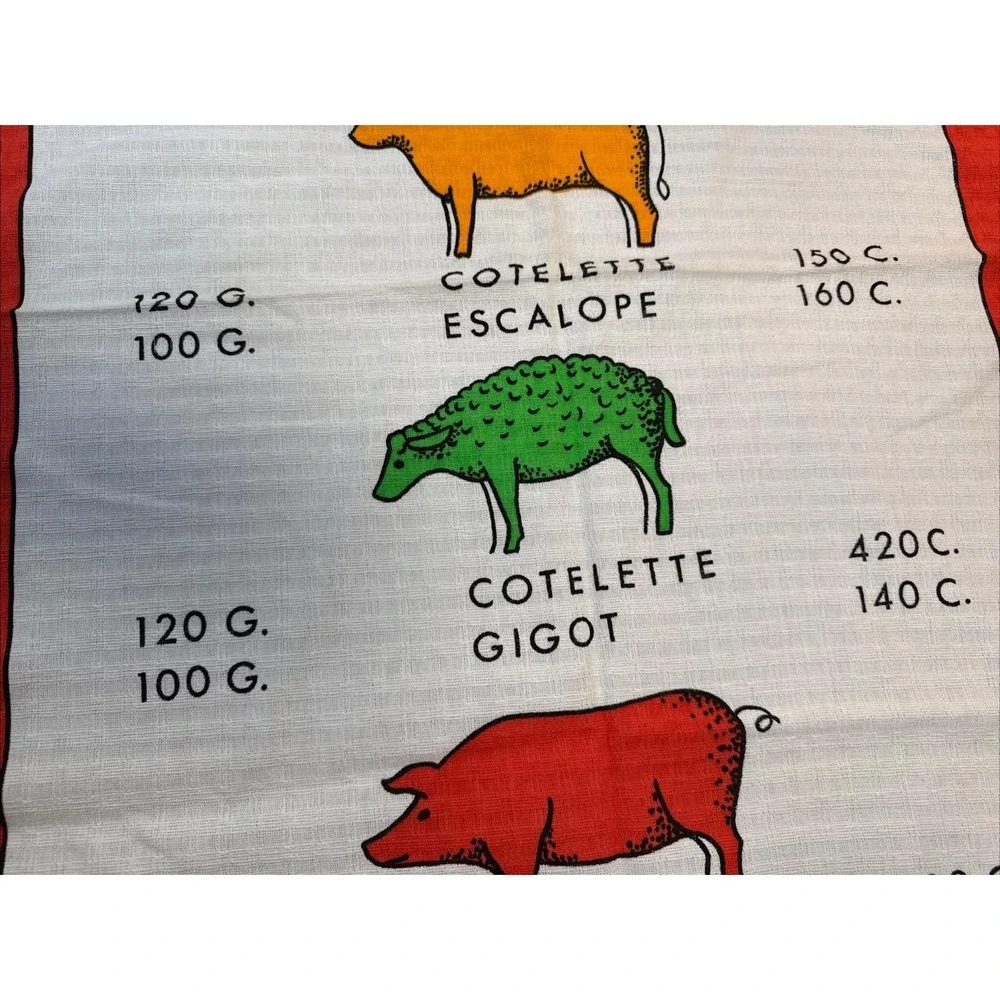 VTG French Tea Towel MCM Cuts of Meat Oddity Kitchen Butcher Calorie Rare Cotton